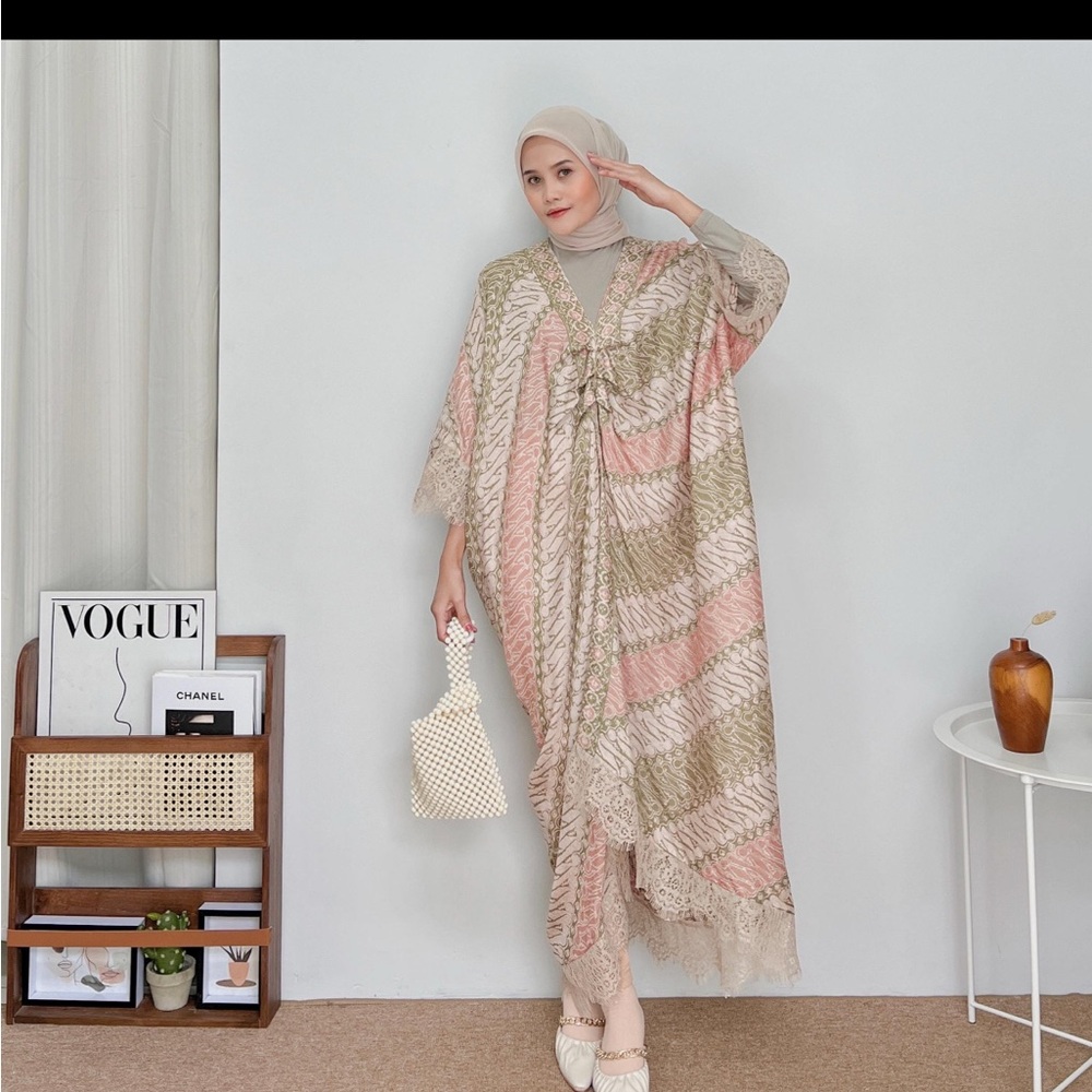 Beige & Olive Batik Kaftan Dress